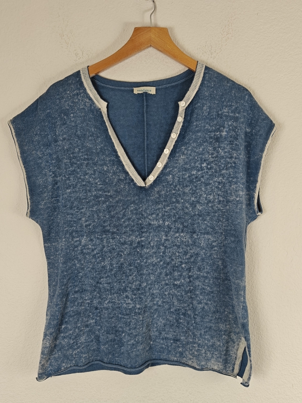 Sundance Blue Acid Wash Lightweight Knit Sweater Top Boho V-Neck Cotton Pullover